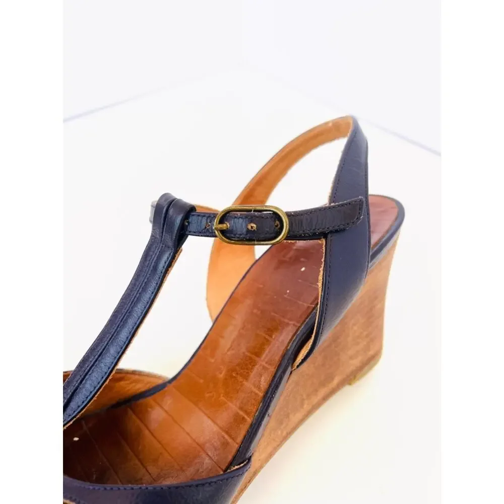 Chie Mihara Navy Blue Leather T-Strap Wedge Cutout Sandals Size 38 70s Style
